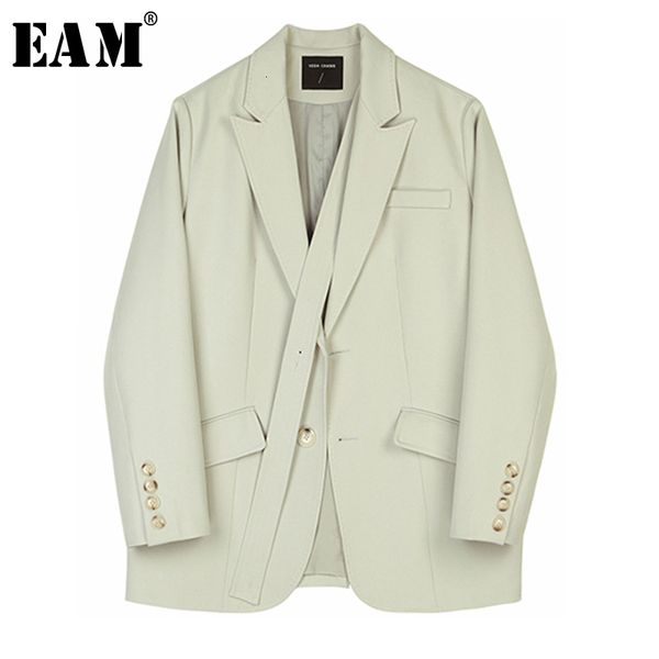 

eam] women bandage temperament spliced blazer new lapel long sleeve loose fit jacket fashion tide spring autumn 2020 1b767 c1008, White;black