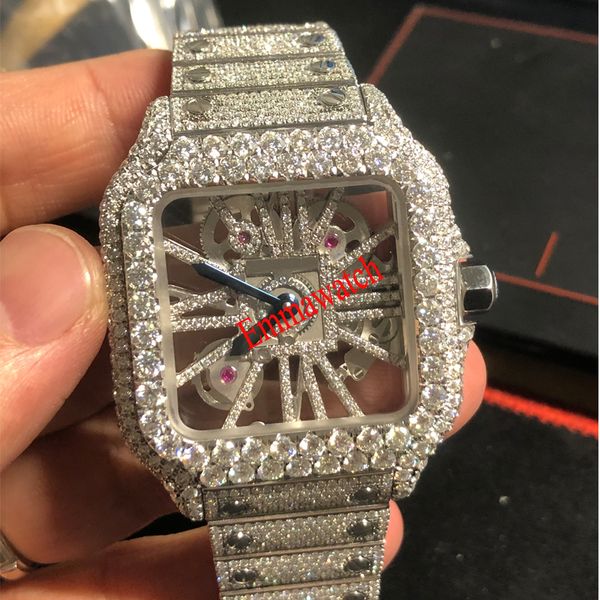 

new version skeleton moissanite diamonds watch luxury square watches silver pass test quartz movement men luxury full iced out sapphire watc, Slivery;brown