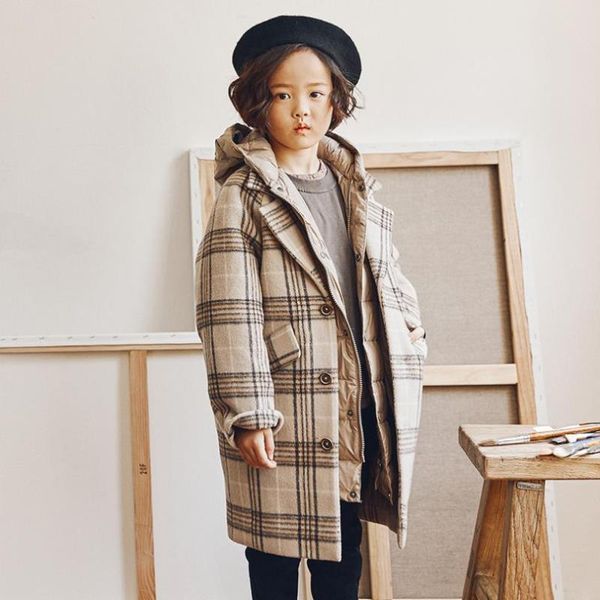 

2pcs children's down jackets winter new wool coat+white duck down coat liner thicker warm plaid dowm jackets for boys girl y3453, Blue;gray