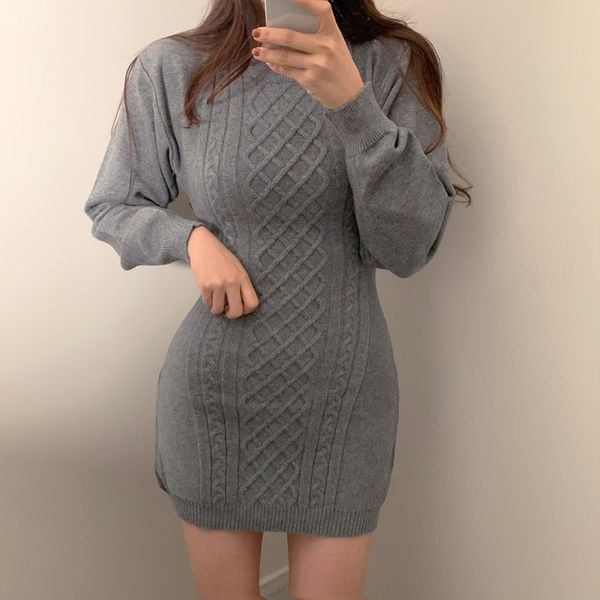 

korean fashion casual knitted sweater mini bodycon dress women autumn winter long sleeve knitting dress robe femme vestidos y0118, Black;gray