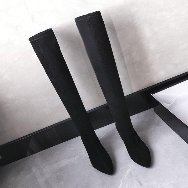 

black over the knee high boots women suede thigh high boots heels crystal heel pointed toe long women winter shoes