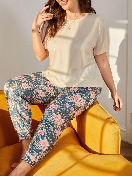 

plus solid tee & floral print pants pj set p1fv#, Black;white
