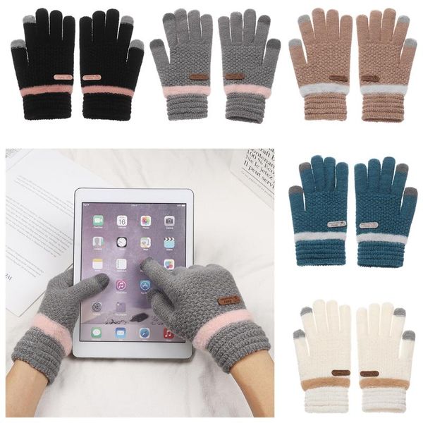 

five fingers gloves women winter touch screen thicken full finger warm fashion knitted stretch men cycling skiing outdoor female mittens, Blue;gray