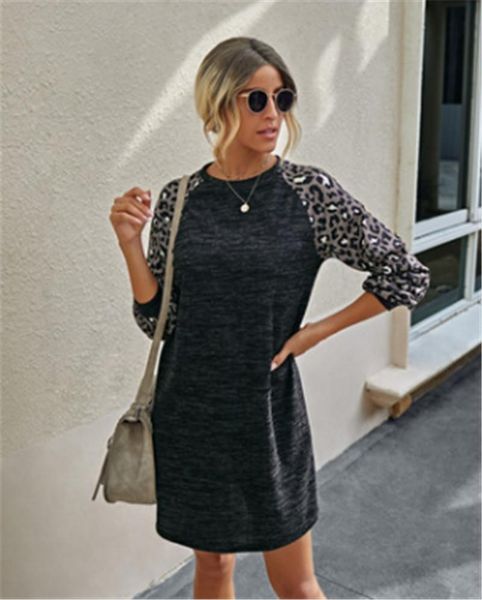 

women cheetah print dress, autumn adults casual style long sleeve round neck one-piece leopard sleeve dress, Black;gray