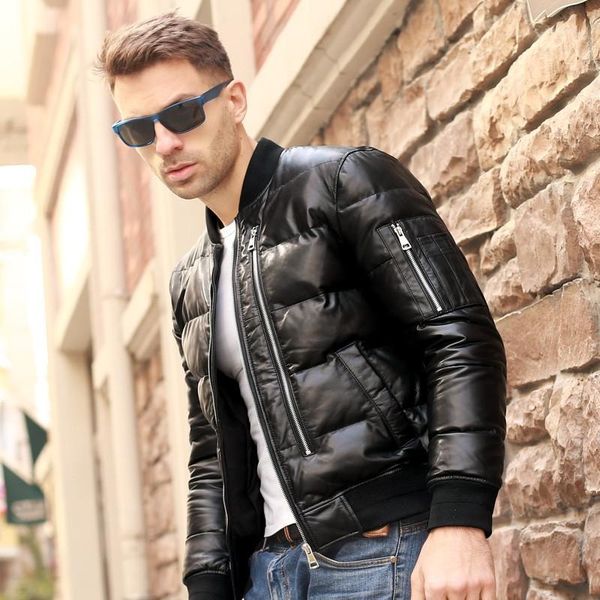 

winter warm men genuine white duck down flight coats large size real leather sheepskin bomber jackets aviation1, Black