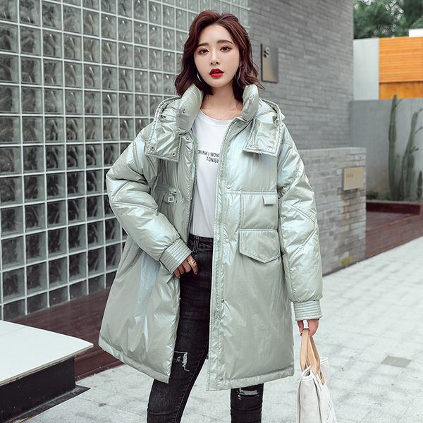 

2020 новая глянцевая parka негабаритные пальто мода зимняя куртка женщины среднедлинная с капюшоном утепленная женский теплый офис ladyx1016, Black;brown