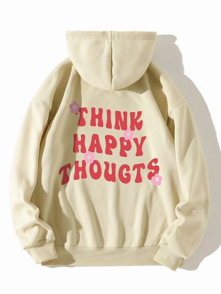 

slogan & floral print drawstring kangaroo pocket thermal lined hoodie f382#, White;black