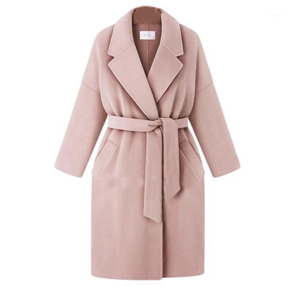 

2020 new fashion winter warm coat womens lapel woolen clothes trench jacket loose sashes overcoat female long outwear new1, Black