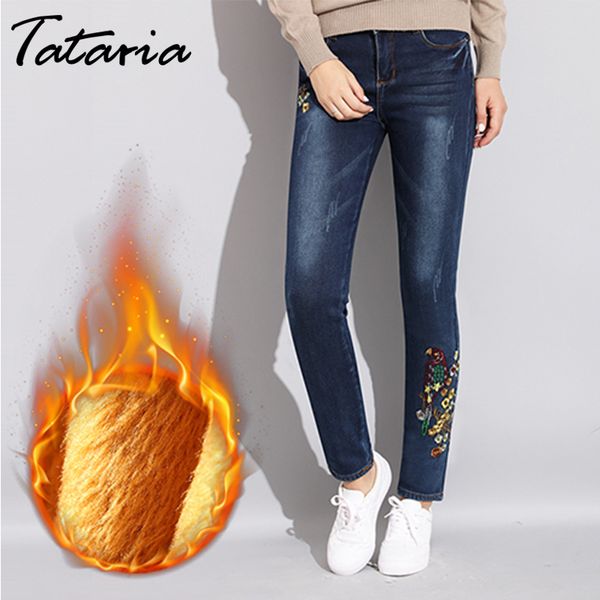 

embroidered winter women's stretch skinny velvet for women warm slim jeans woman denim trousers, Blue