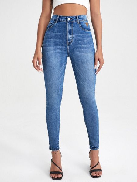 

high waist patched detail skinny jeans l0u7#, Blue