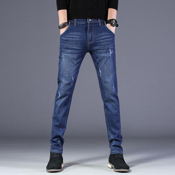 

straight jeans men casual pants with small feet men spring slim stretch jeans denim long all season pants for man, Blue