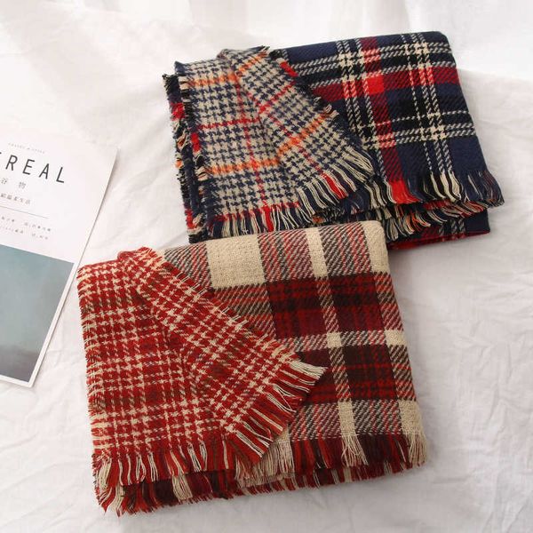 

double sided plaid red scarf female autumn and winter korean versatile lovely girl heart student couple male shawl and neck, Blue;gray