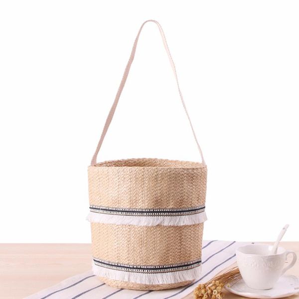 

sweet ladies tassel weave handbags women casual drawstring small bucket bag creative personality shoulder bag
