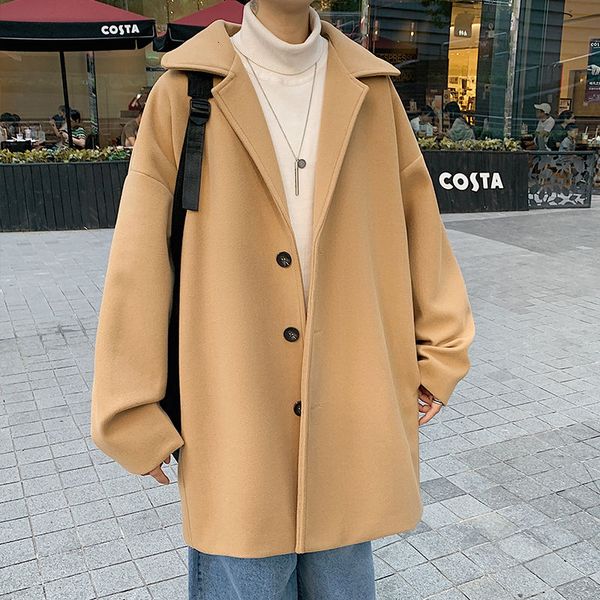 

men's wool & blends winter woolen coat fashion solid color casual long men streetwear loose korean style mens overcoat, Black