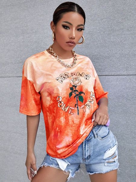 

drop shoulder tie dye & floral print tee 86qv#, White