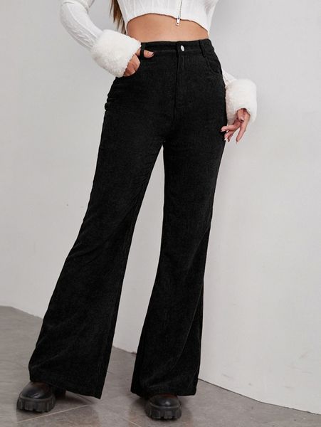 

high waisted cord flare leg pants q622#, Black;white