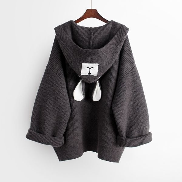 

neploe women hooded cardigan sweater cartoon applique loose medium-long knitwear coat autumn winter knit open stitch 55403 y200910, White;black
