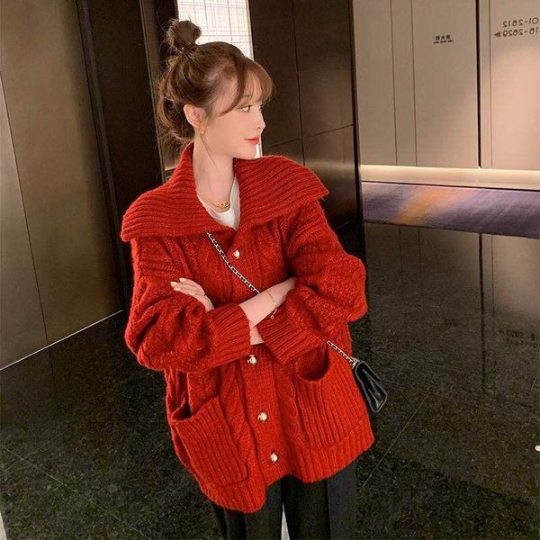 

women autumn winter red twist sweater coat jacket pocket turn-down collar button up casual warm soft knitted cardigan, White