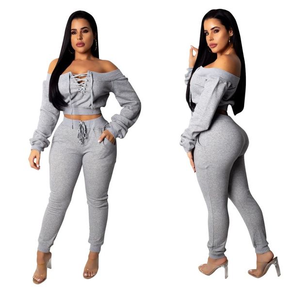 

2020 womens long sleeve outfits off shoulder two piece set tracksuit jogging sportsuit hoodie legging sportswear sweatshit tights sport suit, Gray