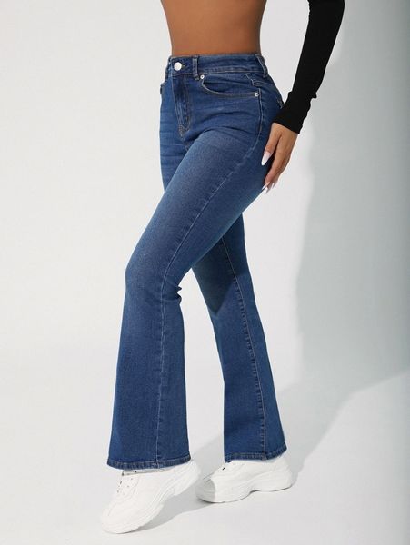 

petite high waist flare leg jeans 95sy#, Blue