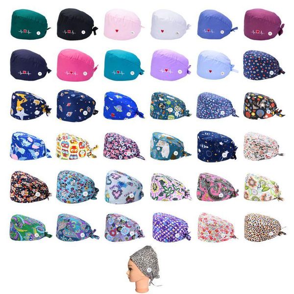 

37 colors working scrub cap with protect ears button headwear print bouffant hat