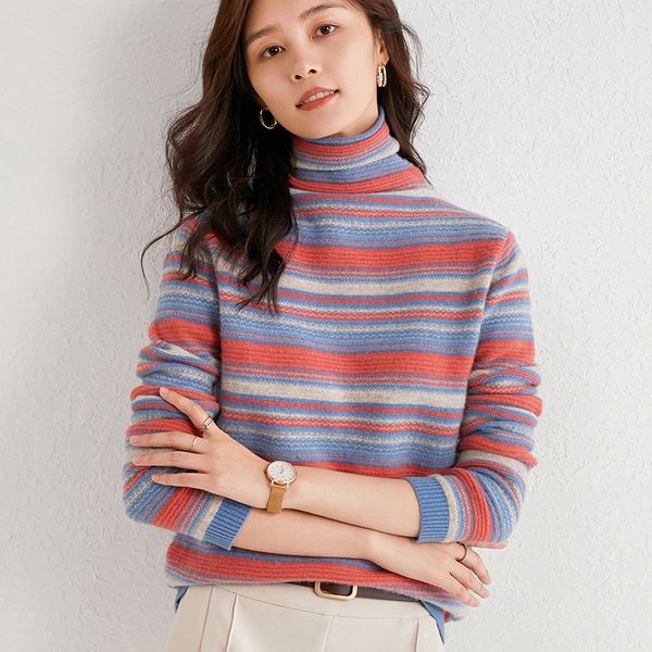

2021 new high collar nightgown striped woman mesh 100% au fine pullover sweater 7 color jumper wool pure #2039 ky7k, White;black