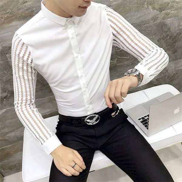 

men shirt spring hollow lace patchwork long sleeve shirt men streetwear mens shirts casual slim fit night club dress tuxedo1, White;black