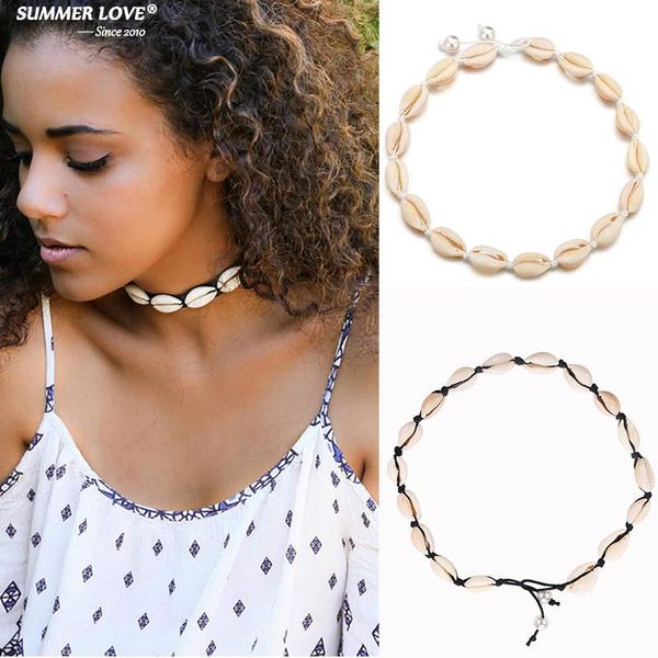 

handmade woven white shell choker necklace for women bohemian short rope chain beaded necklace collar female beach jewelry, Golden;silver