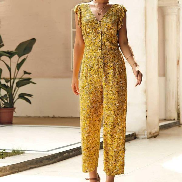 

women's jumpsuits & rompers summer casual floral print straight long 2021 ruffles womens jumpsuit female playsuit vintage slim overalls, Black;white