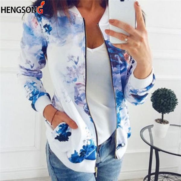 

women autumn jacket basic coat flower floral print baseball jacket bomber long sleeve zipper casual outwear pocket plus size, Black;brown