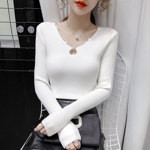 

2020 autumn new women's fashion and versatile design sense v-neck small slim knit coatfashion hryvv, White;black