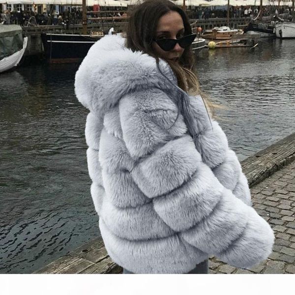 

elegant imitation fur lady overcoat fox fur hooded fluffy coat women large size faux fur coat outerwear warm eveningwear coat, Black