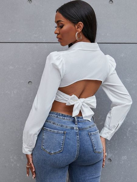 

sxy button up tie back puff sleeve crop blouse w0pq#, White