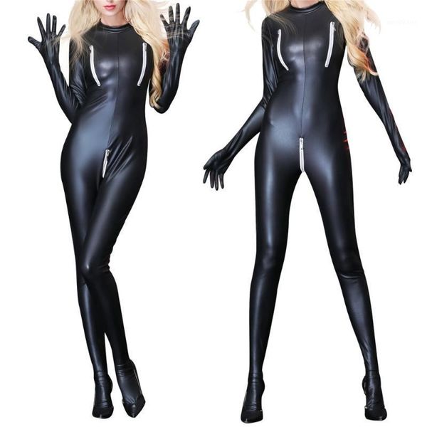 

women's jumpsuits & rompers women pu leather bodysuit black zipper catsuit erotic wet look long styles club jumpsuit dance wear latex c, Black;white