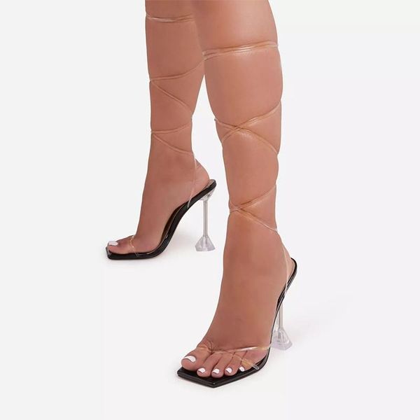 

sandals 2021 women's talon femme high heels female summer pvc transparent gladiator footwear square toe party shoes, Black