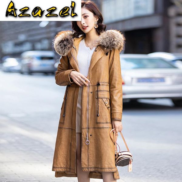 

women's leather & faux real genuine winter jacket women clothes 2021 raccoon dog fur collar sheepskin down coat female korean rlg19c942, Black