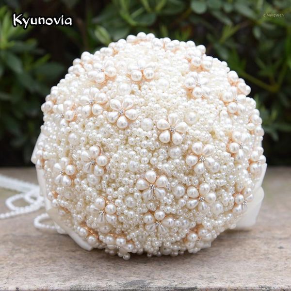 

kyunovia champagne pearl bouquet wedding brooch accessories ivory bridal holding flowers beaded brides bouquet wedding fe461