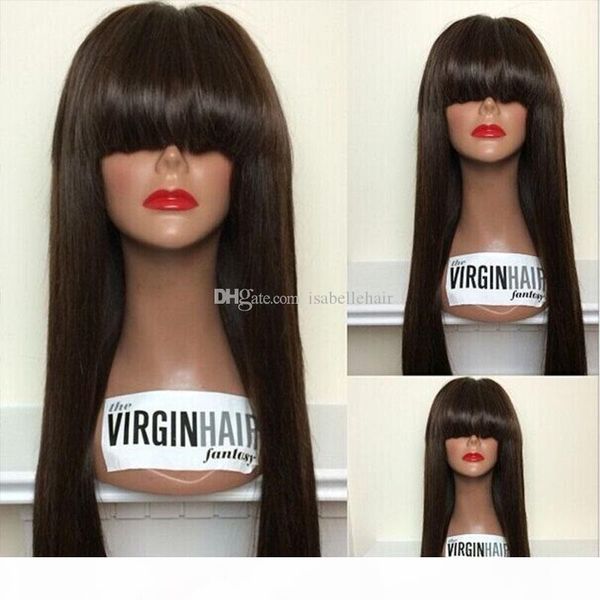 

9a human hair wig full bangs silky straight brazilian virgin lace front wigs for black women full lace wigs baby hair, Black;brown