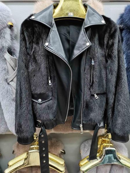 

women's fur & faux 2021real coat mink sheepskin sports motorcycle suit1, Black
