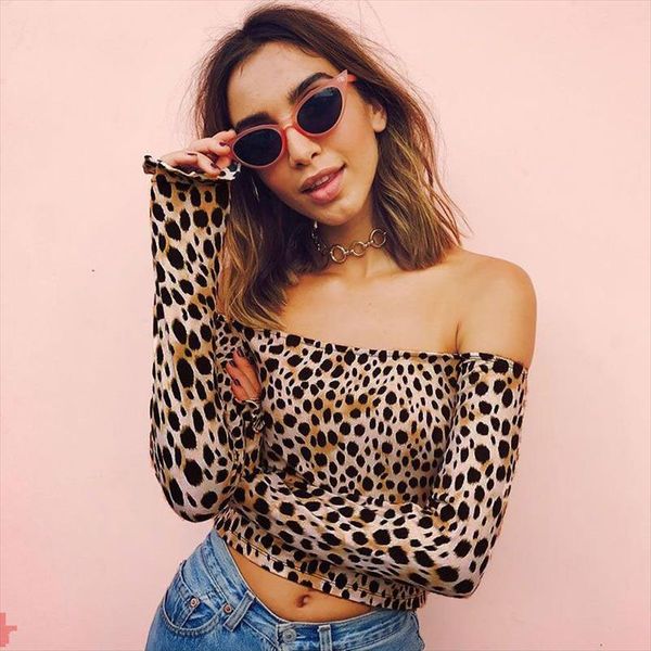 

new stylish women off shoulder casual slim crop leopard print blouse fashon blouse drop shipping, White