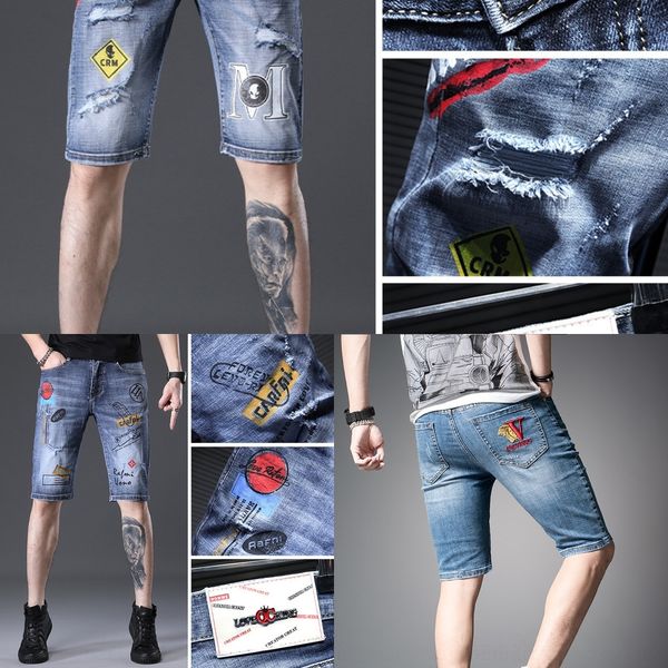 

am6ou xia jinan embroidered shorts and trousershigh-end embroidery printed fashionable fifth shorts brand trendy thin medium pants men, Blue