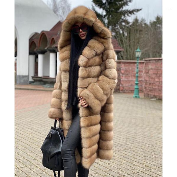 

katara fashion winter loose faux fur coats women elegant hooded striped jackets women covered button long sleeve coats ladies1, Black
