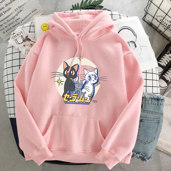 

japanese sailor moon print casual harajuku ins cute o neck long sleeved sweatshirt sweet winter female chic hooded sweatshirt, Black