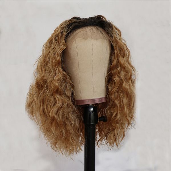 

qd-tizer blond pink color synthetic lace front wig ombre short loose curly hair front lace wigs heat resistant fiber, Black