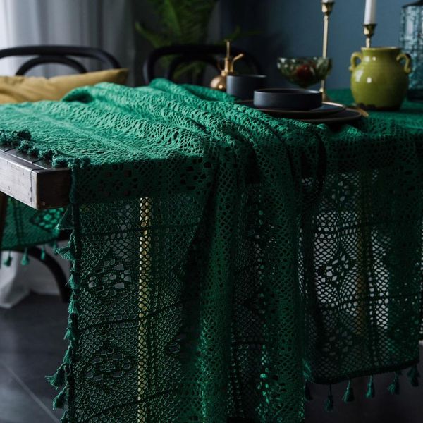 Verde openwork tabela pano handmade de tricô borla algodão mesa de toalha de mesa redonda tampa de mesa americana estilo country home decor t200707