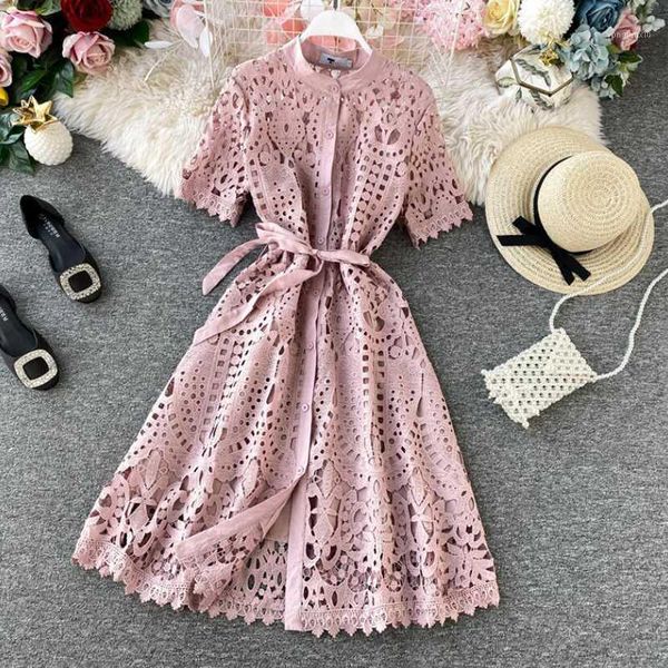 

2020 summer hollow party dress women high waist button bow short sleeve sweet lace dress elegant lady a line knee-length dresses1, Black;gray