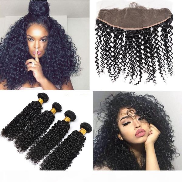 

13x4 brazilian kinky curly virgin hair ear to ear lace frontal closure with bundles 100 virgin brazilian hair 4 bundles with lace frontal, Black;brown
