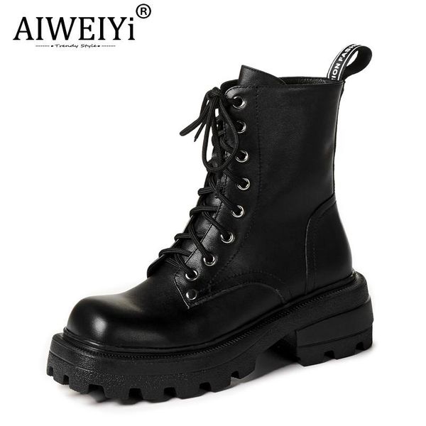 

boots aiweiyi black booties women's genuine leather shoes med heels platform lace up ankle winter