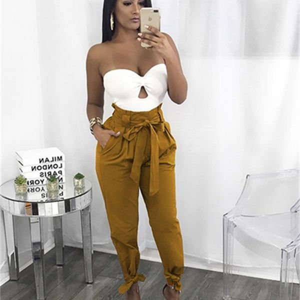 

2021 new harem pants plied with bow belt of strapped high waistline women's tightly waisted summer steetwear's lower half yaez, Black;white