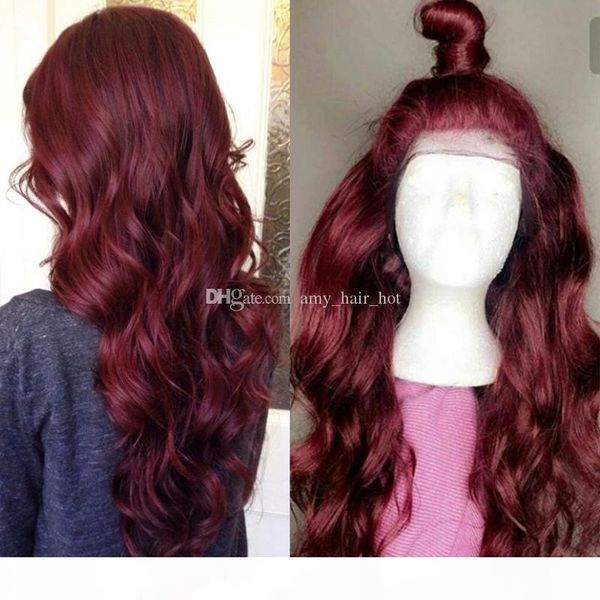 

150%density 99j burgundy glueless lace front human hair wigs red malaysian body wave preplucked lace front wig with baby hair, Black;brown